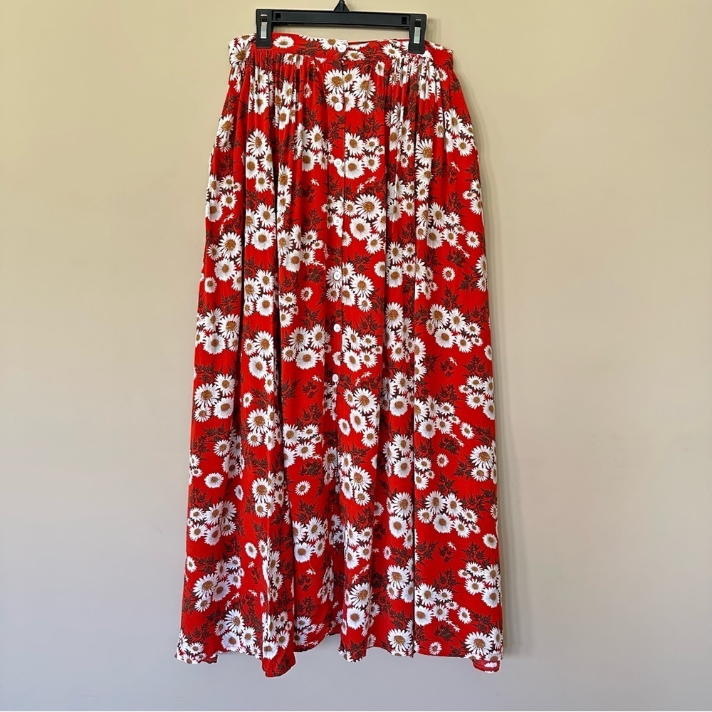 Red Daisy Maxi Skirt Pockets Women S Fall Cottagecore Flower Child Floral - Picture 2 of 12